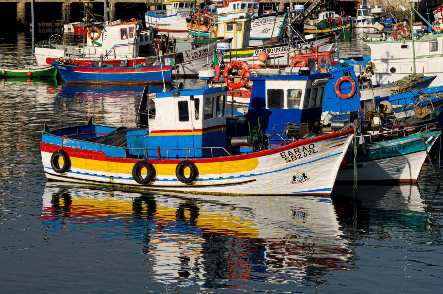 Colorful fishing boats docked in a calm Sesimbra harbor, reflecting vividly on the water